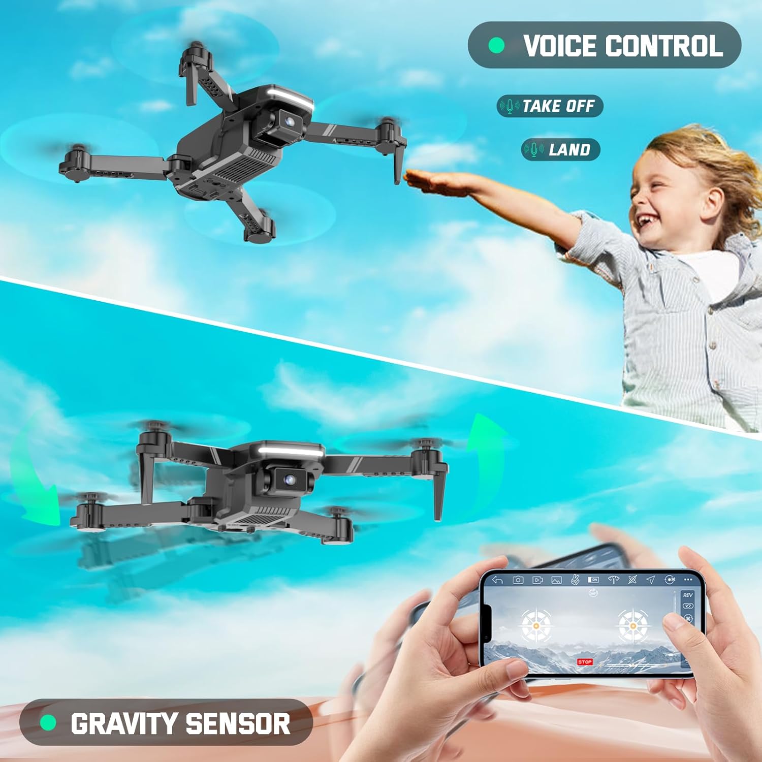 S80 Drone with Camera for Adults, 1080P HD FPV Mini Drones for Kids Beginners with Auto Hover, One Key Start, Voice/Gesture/Remote Control Helicopter Toys/Gift for Boys 2 Batteries Carry Case