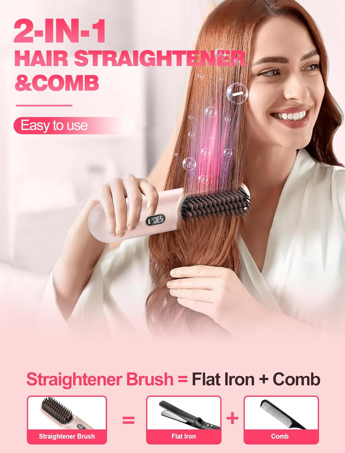 Casavok Portable Cordless Hair Straightener Brush for Travel,Mini Hair Straightener Comb