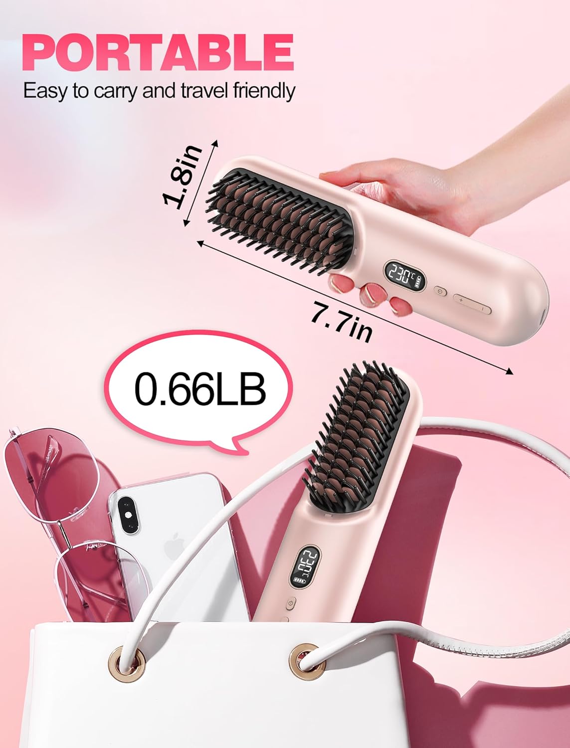 Casavok Portable Cordless Hair Straightener Brush for Travel,Mini Hair Straightener Comb