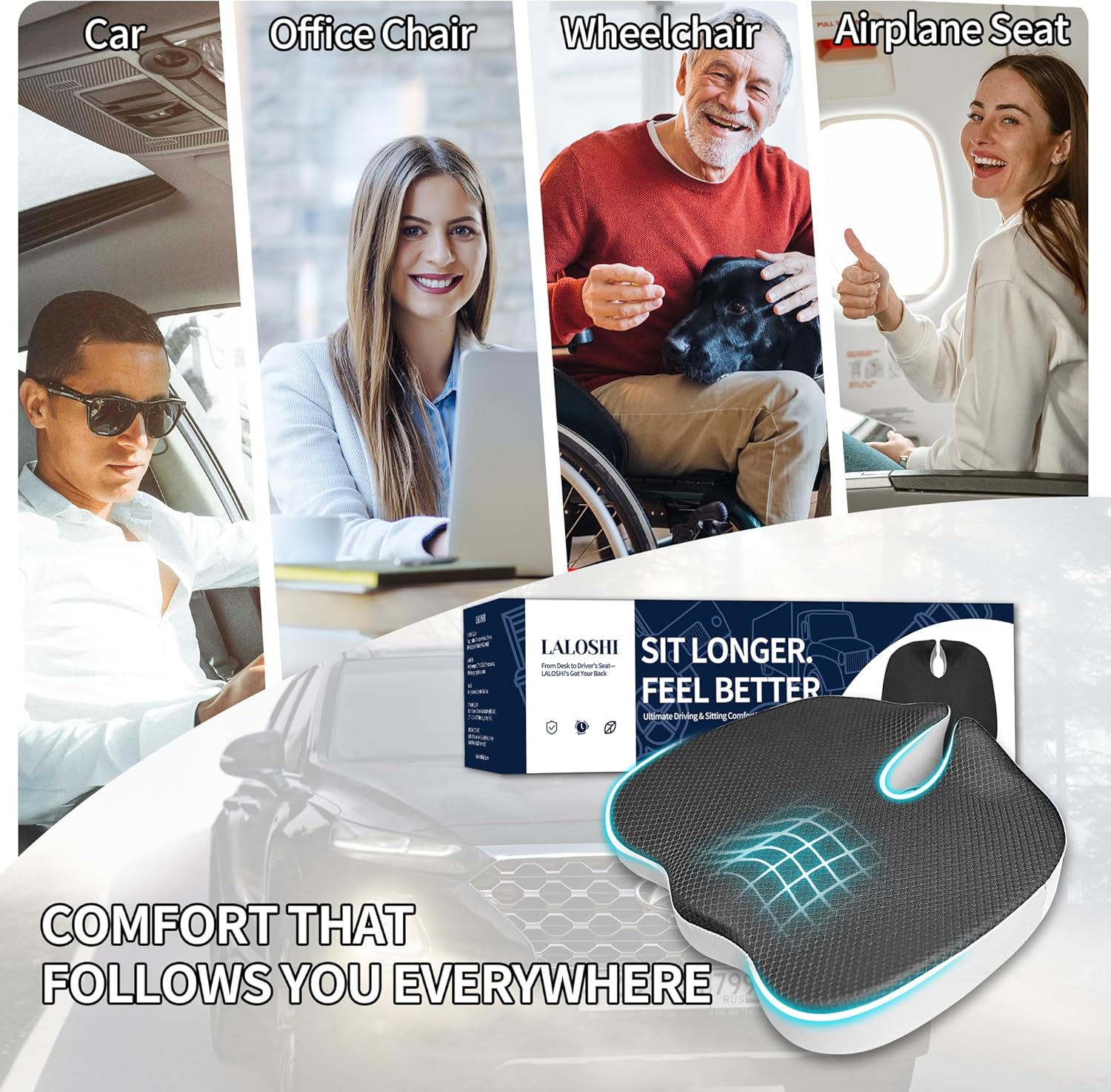 LALOSHI Seat Cushion,U-Shaped Memory Foam for Back Pain Relief - 2.8In
