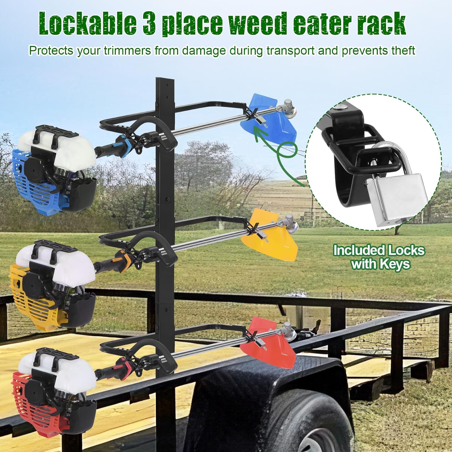 CAROD Weed Eater Rack for Open Trailer, 3 Place Trimmer