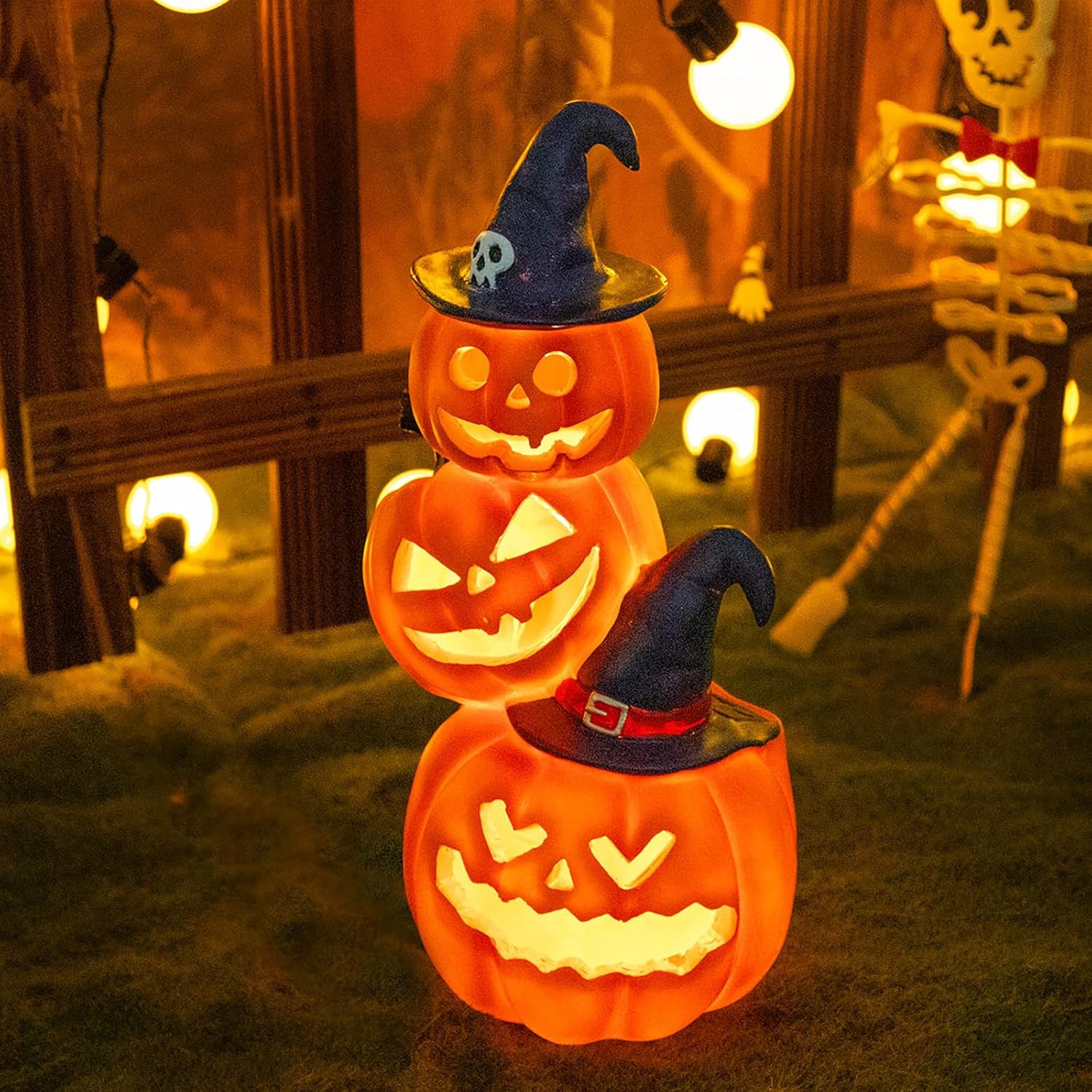 Halloween Decorations - Unique 3 Tiers Stacked Resin Jack-O-Lantern Pumpkin