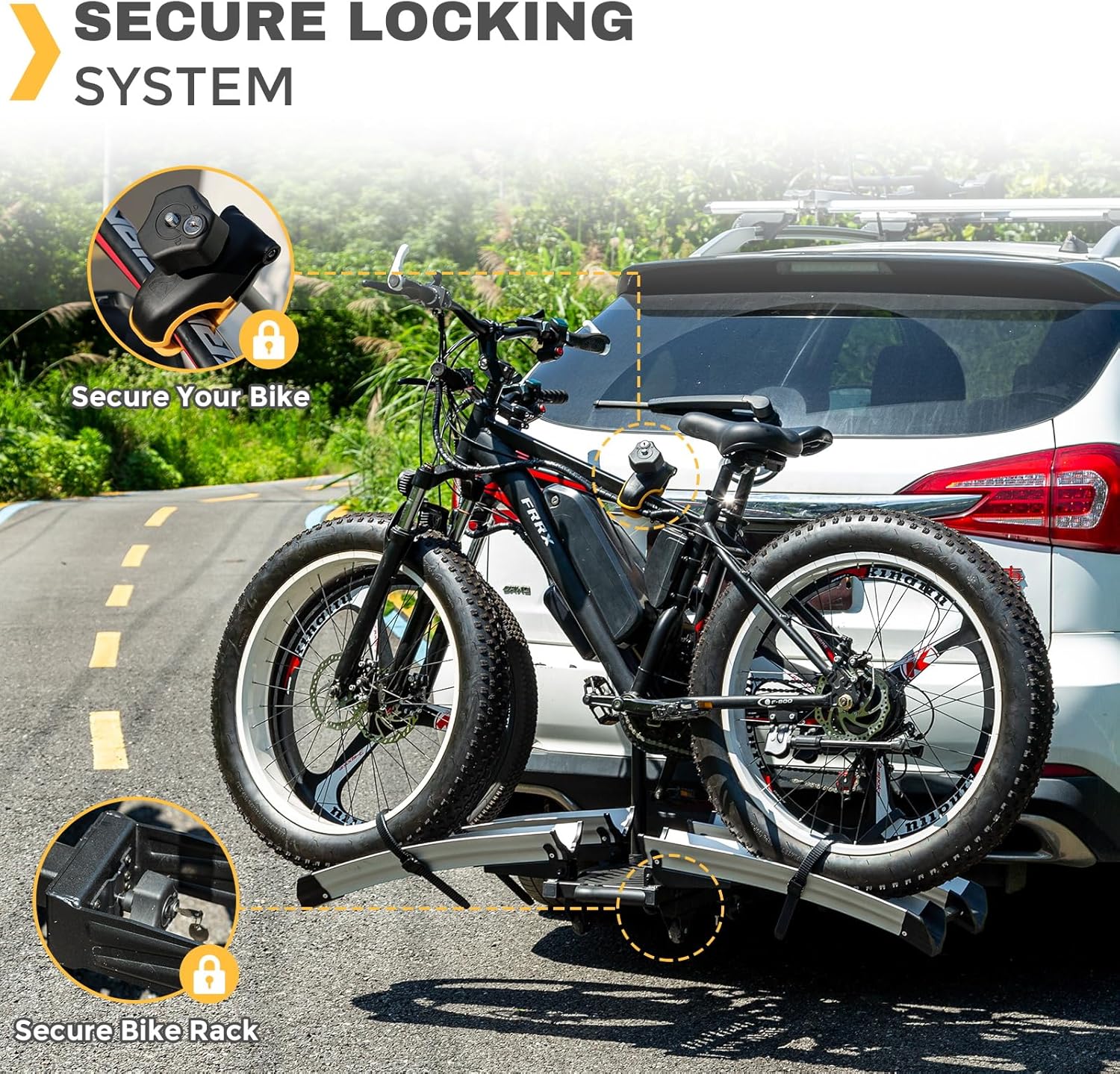 RIKURAM hitch-mounted e-bike rack for two bikes, model KRB-H020AE