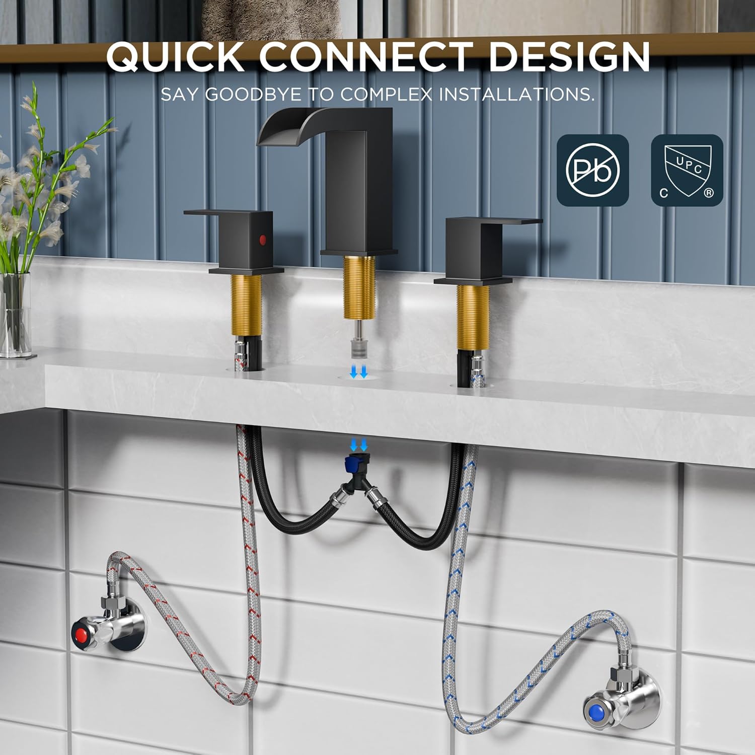 QFN Black Bathroom Sink Faucet is designed for 3-hole, 8-inch widespread installations