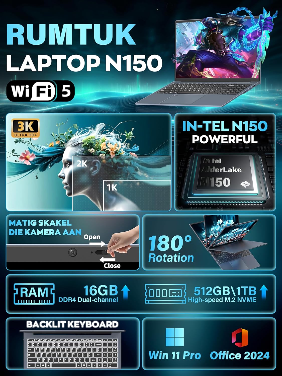 RUMTUK CM160-150 16'' 3K Gray Laptop*1, FREE 32GB Recovery USB