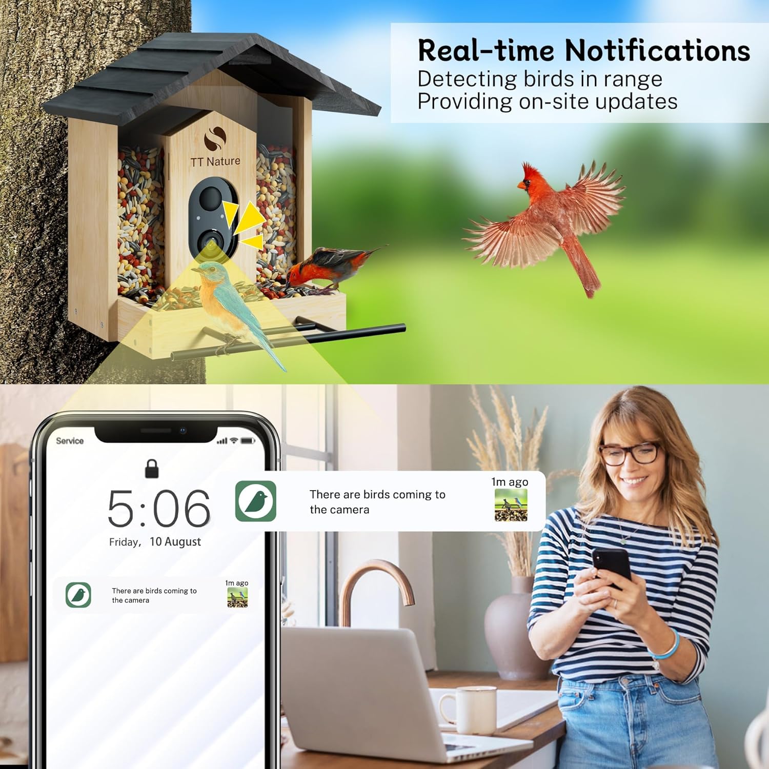 TT Nature Bird Feeder with Camera, Upgraded 1.5L Smart Bird Feeder with AI Identify for 10000+ Bird Species,