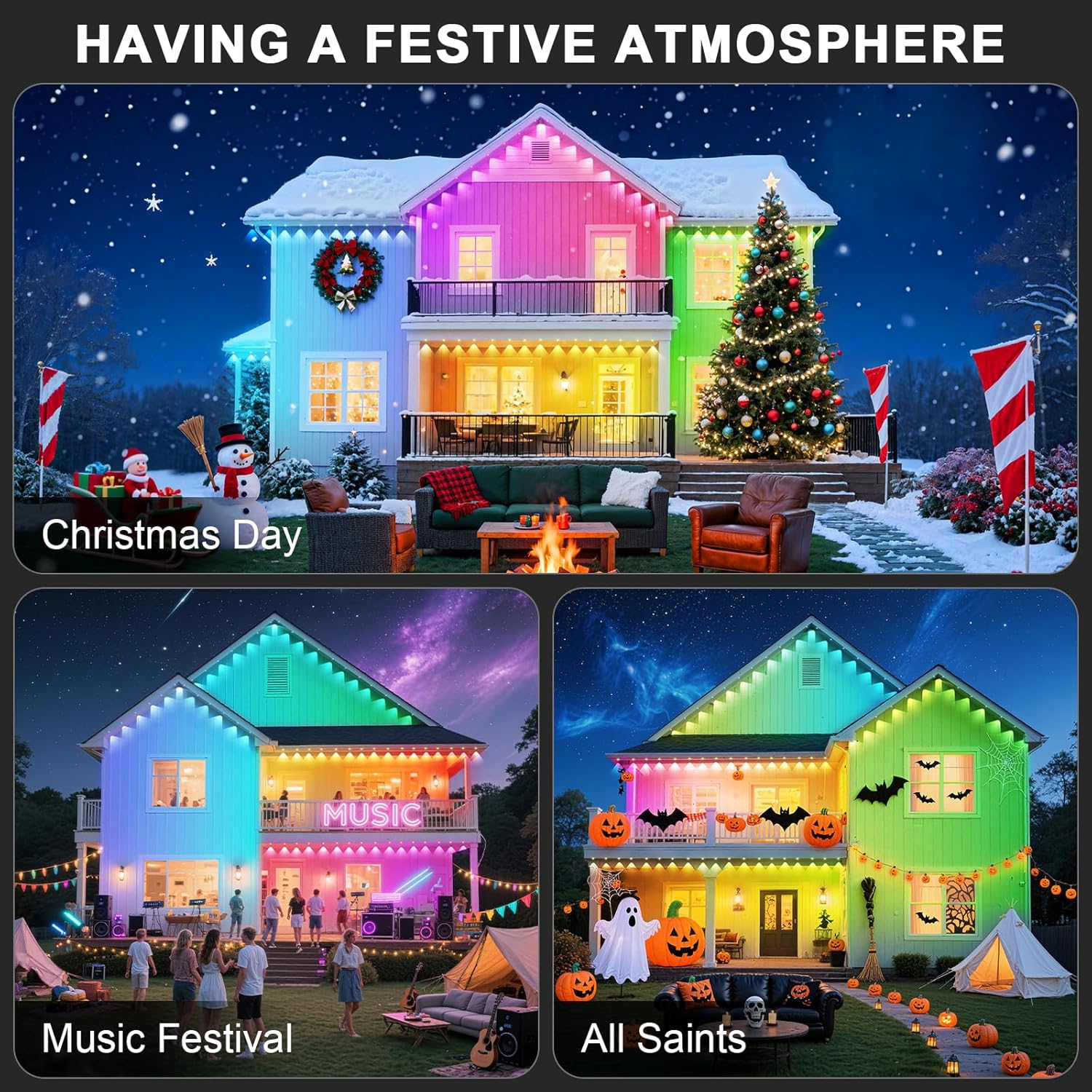 150FT Permanent Outdoor RGB Lights - Waterproof Smart LED Eaves Lights with App/Remote