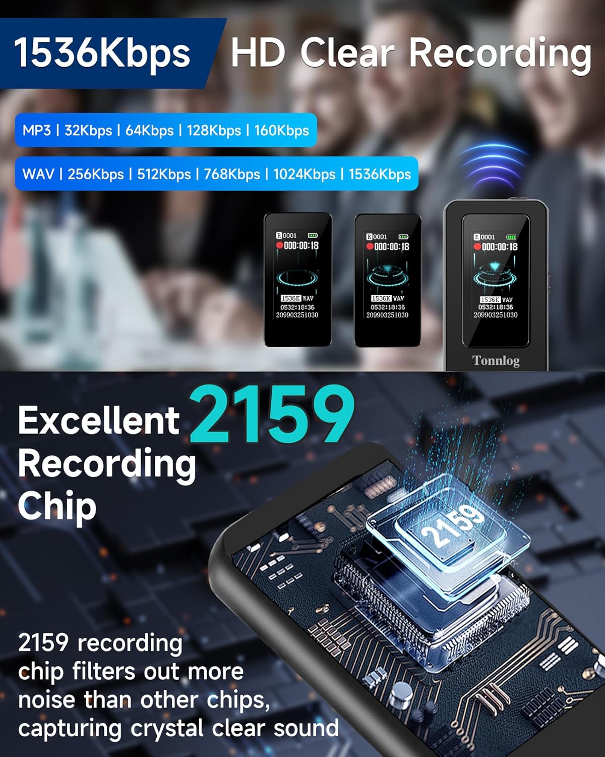 Tonnlog v73 1536Kbps Voice Activated Recorder with Playback,