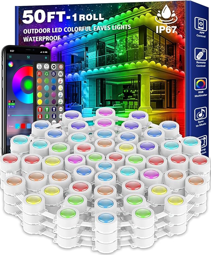 50FT Permanent Outdoor RGB Lights,Waterproof Smart LED Eaves Light