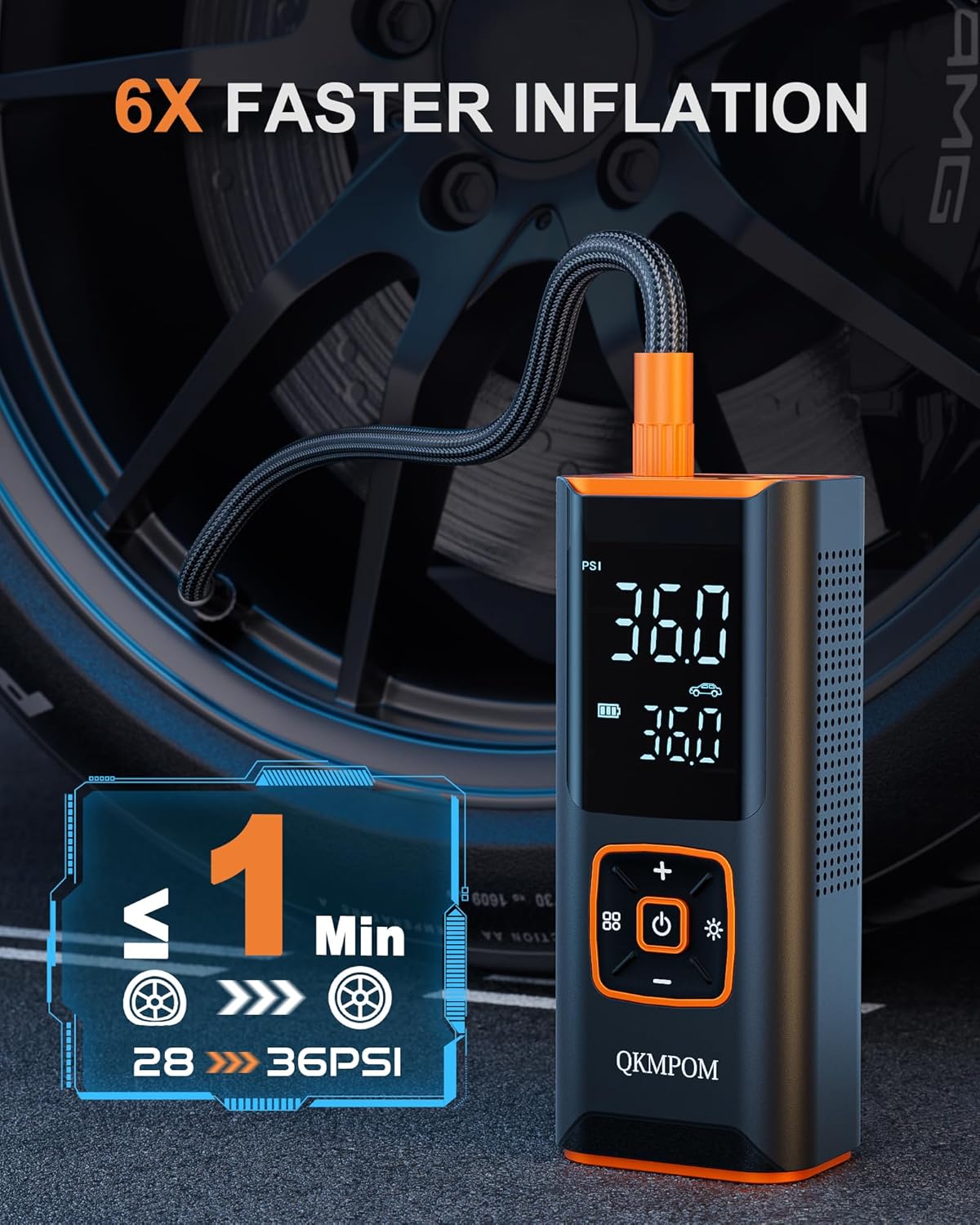 The QKMPOM Portable Tire Inflator – Model K7 delivers rapid inflation