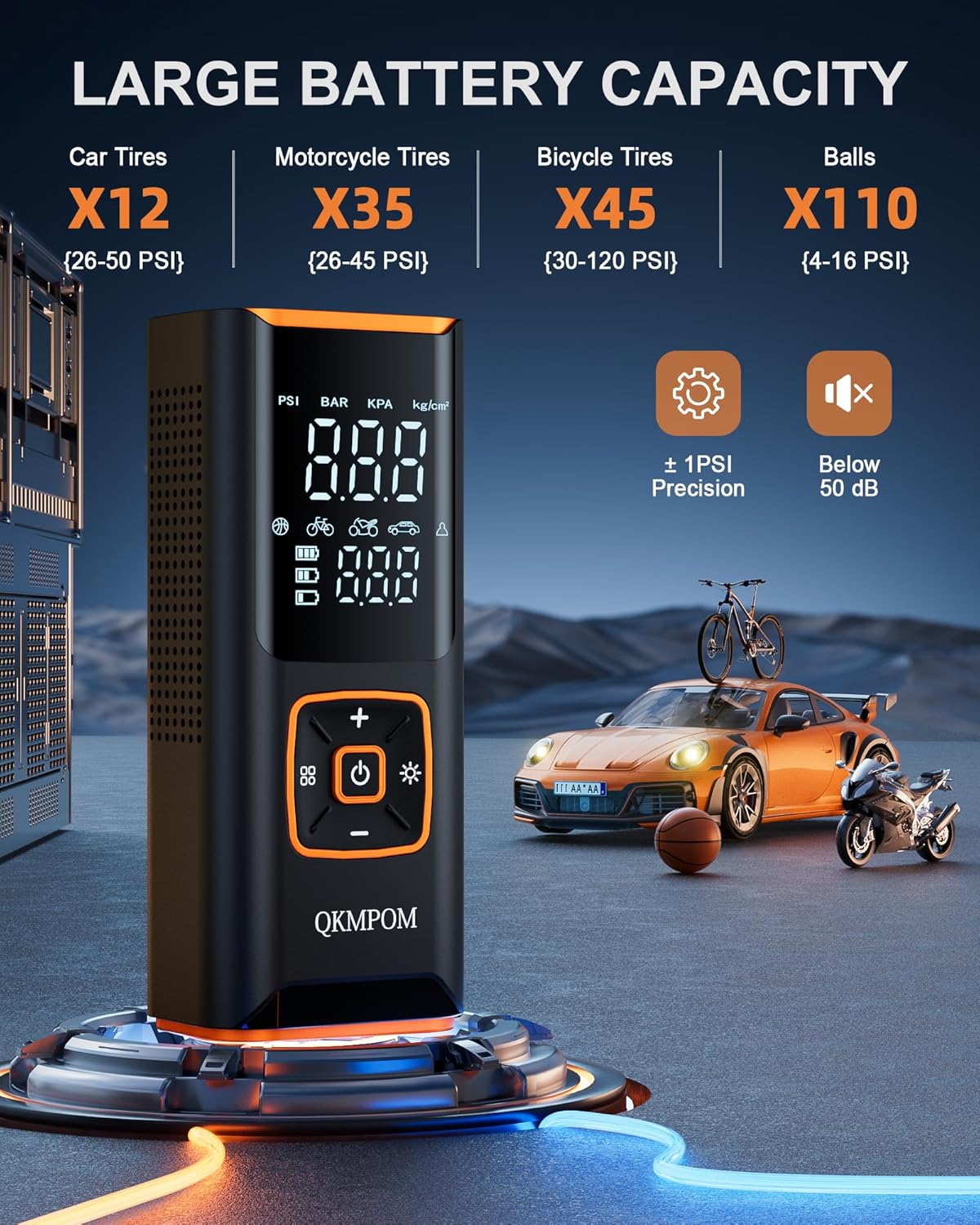 The QKMPOM Portable Tire Inflator – Model K7 delivers rapid inflation