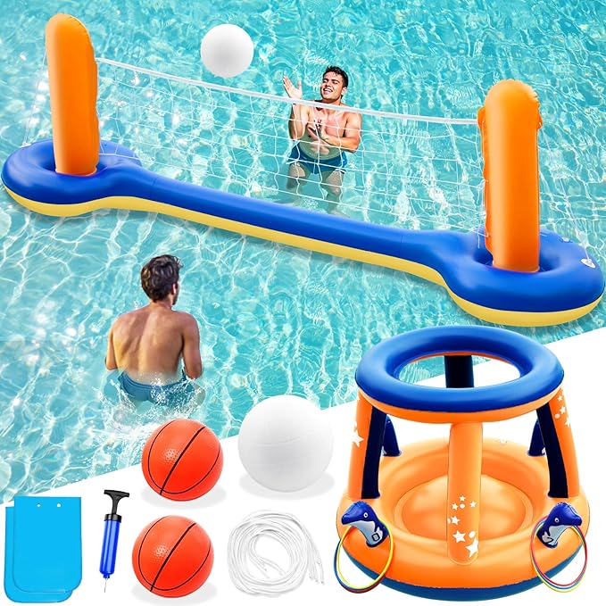 * Jasonwell Pool Toys Games Set - 3 in 1 Pool Volleyball Net Basketball Hoop Ring Toss