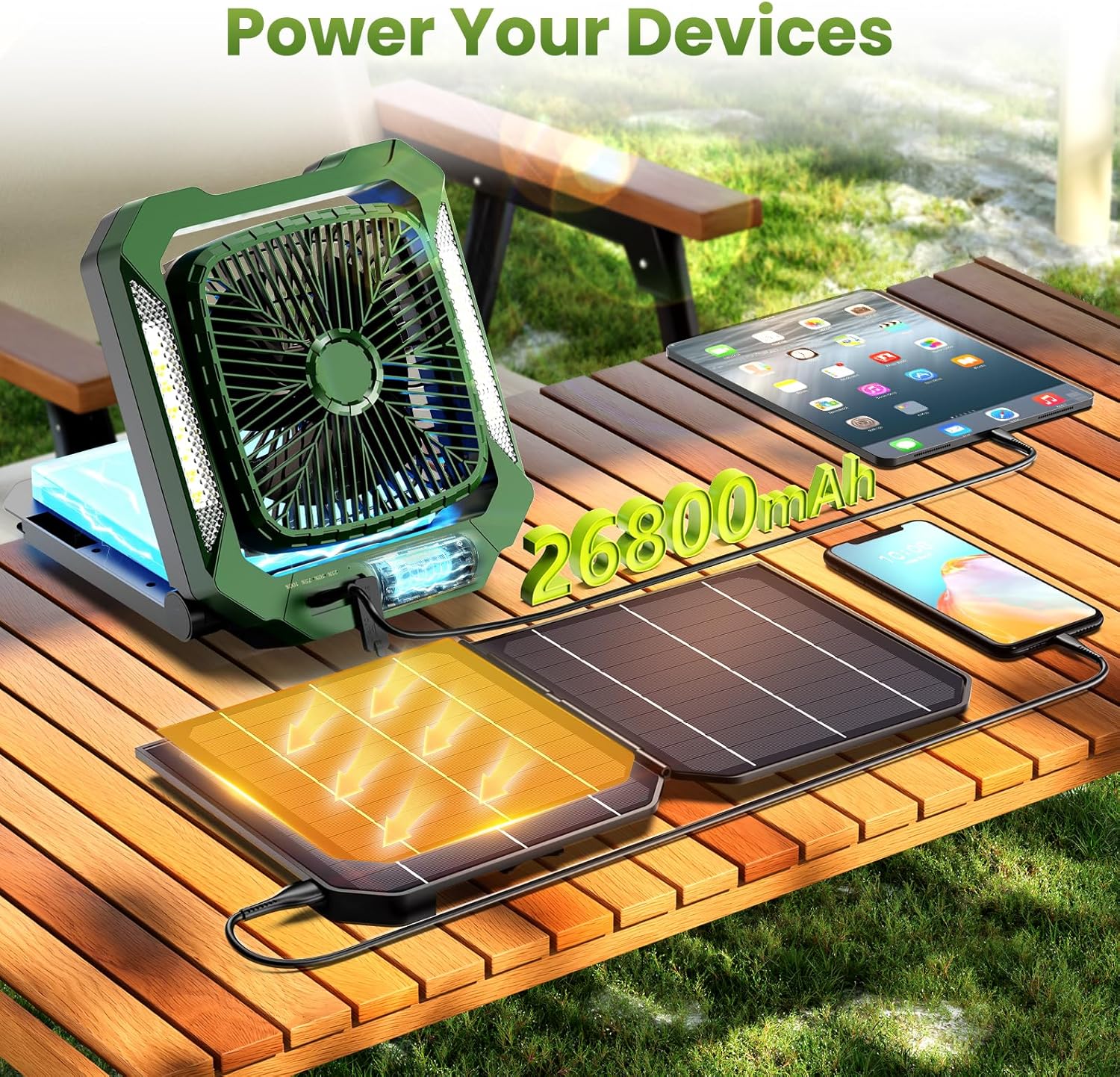 Portable Fan Rechargeable with 18W Detachable Solar Panel, Quiet Battery Powered