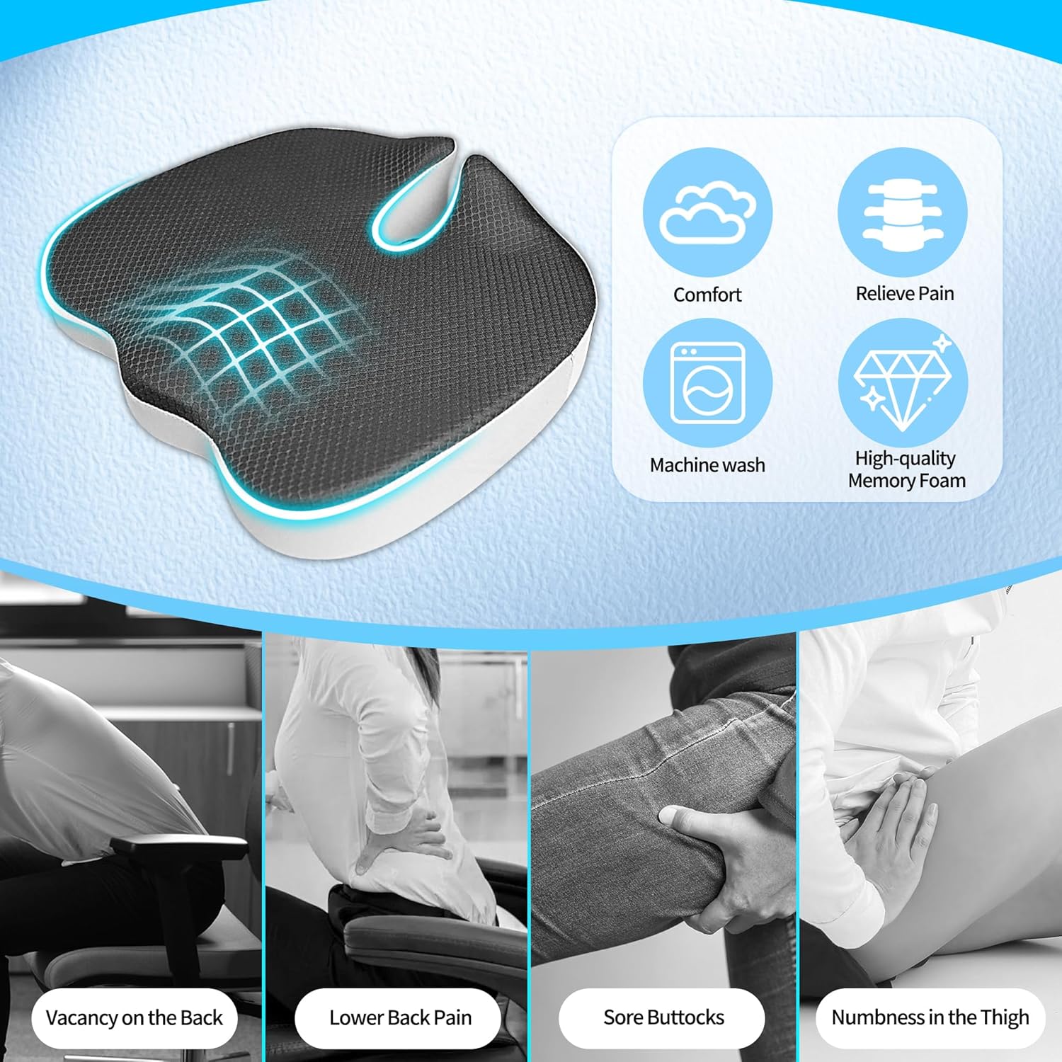 LALOSHI Seat Cushion,U-Shaped Memory Foam for Back Pain Relief - 2.8In