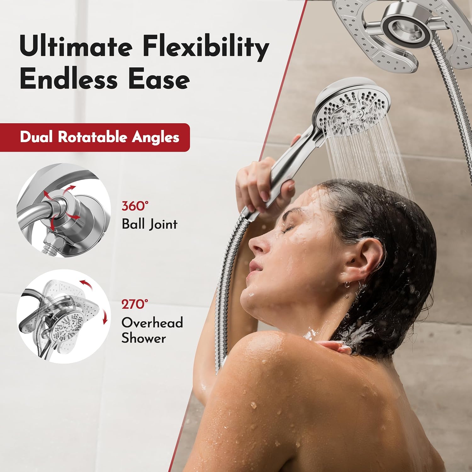 PRIMSOPH Shower Head Handheld Spray Combo 10 Mode Spray Settings Magnetic 2-in-1 High Pressure Dual Showerhead Auto-Switch Square Combination, Chrome