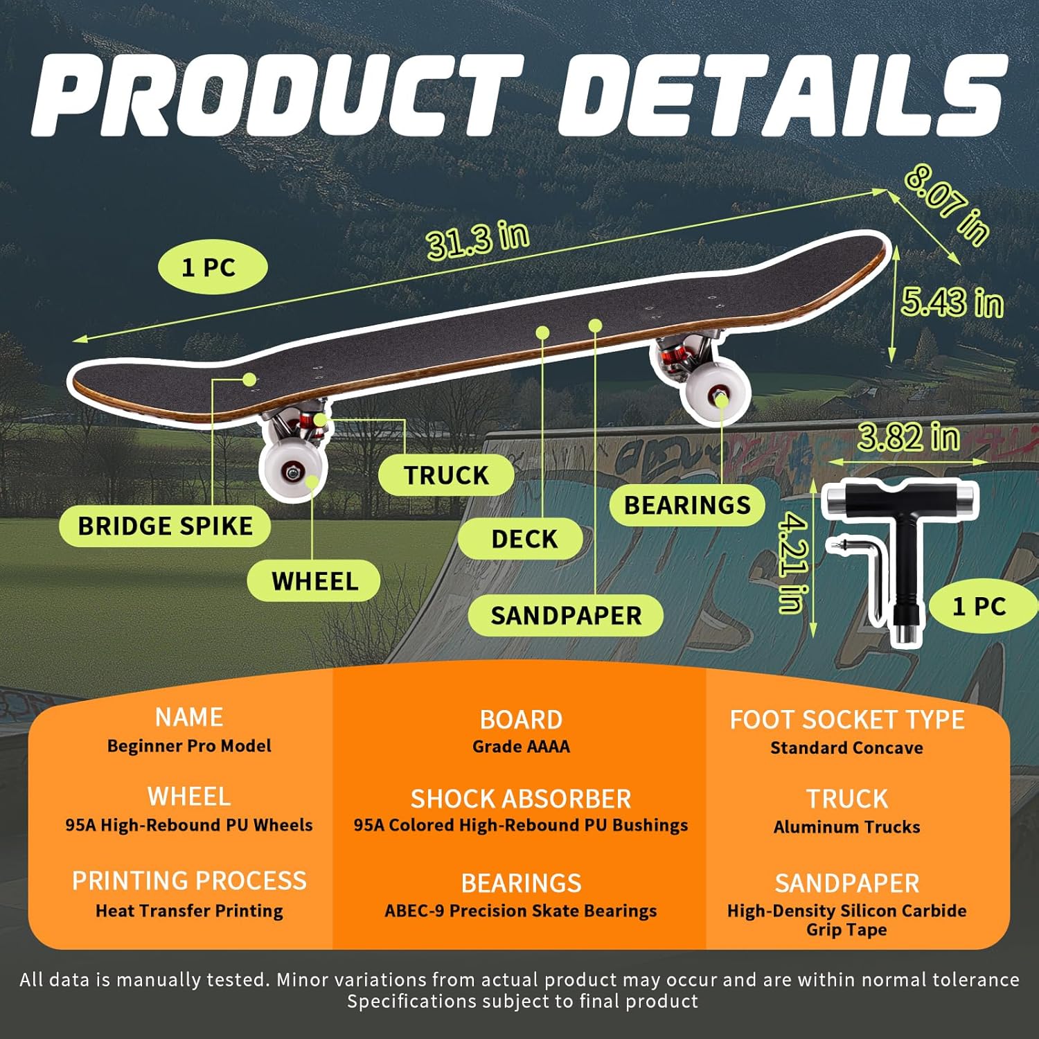 Skateboard Professional Double Kick Skateboard, 31 inch Maple Deck, ABEC-9 Bearings