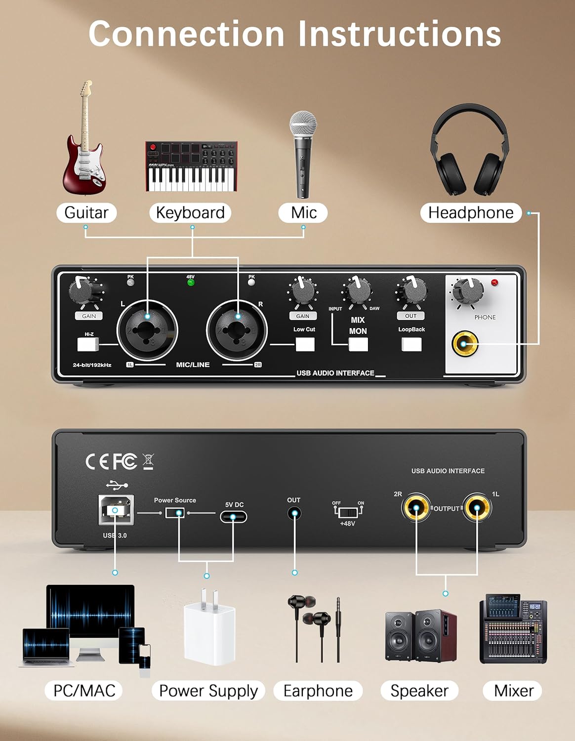Hosongin USB audio Interface Professional Recording Sound card