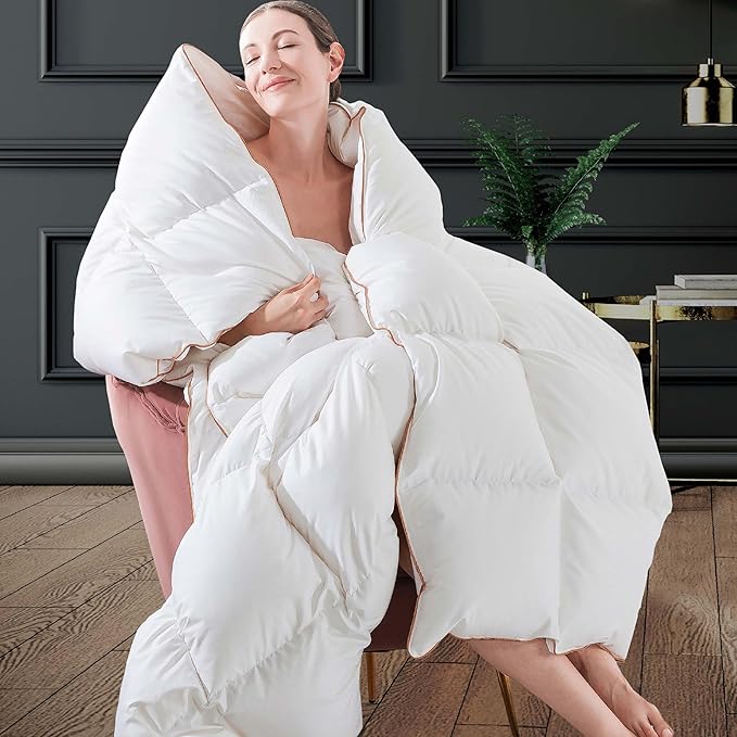 EDUJIN King Size Goose Down Comforter, All Season Duvet Insert Goose Feather Down Filled, 100% Organic Cotton+4 Corner Ties, 106x90 in