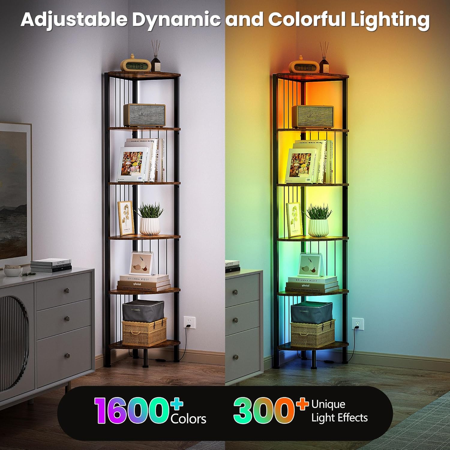 MonaSixy 6 Tier Corner Shelf with Light, Brown