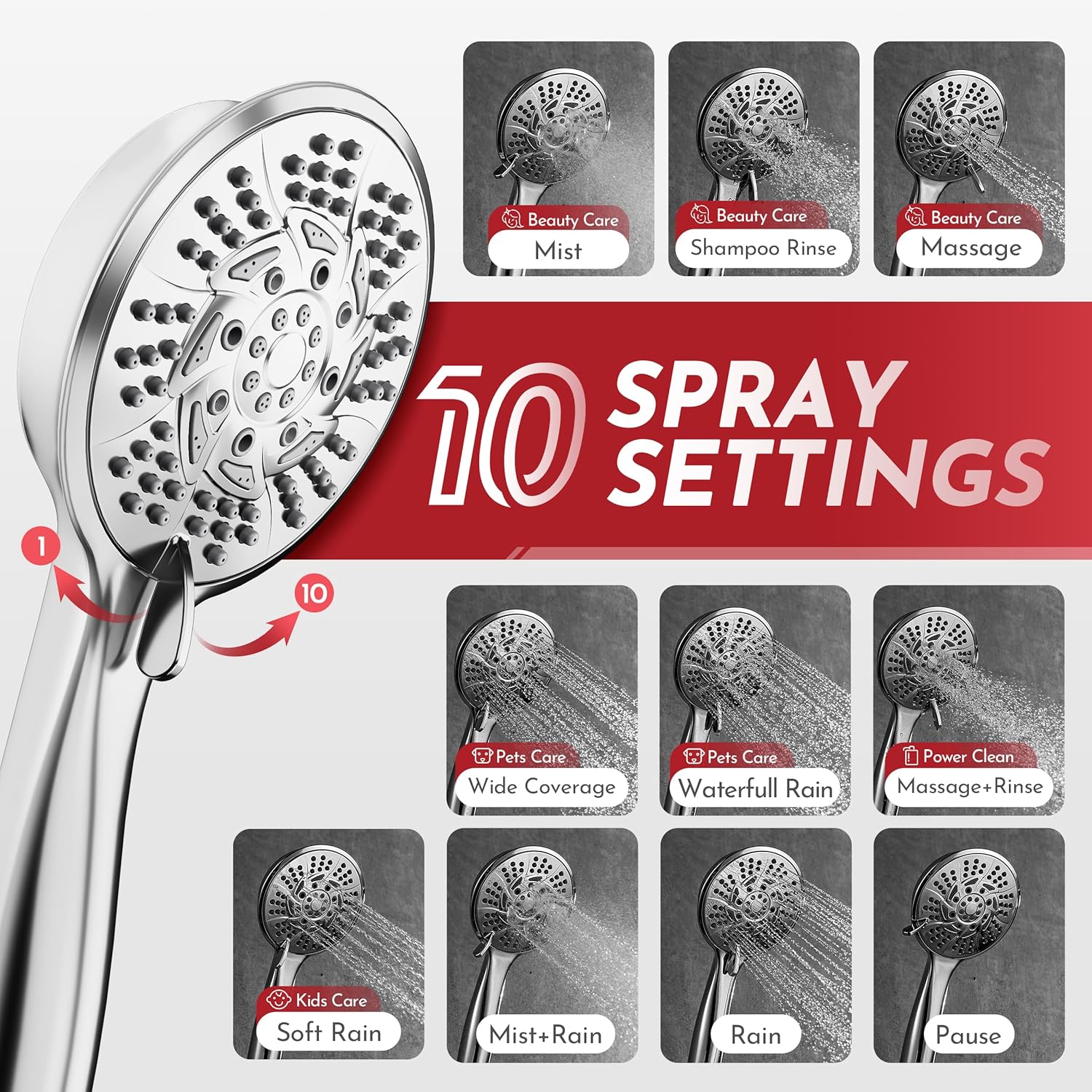 PRIMSOPH Shower Head Handheld Spray Combo 10 Mode Spray Settings Magnetic 2-in-1 High Pressure Dual Showerhead Auto-Switch Square Combination, Chrome