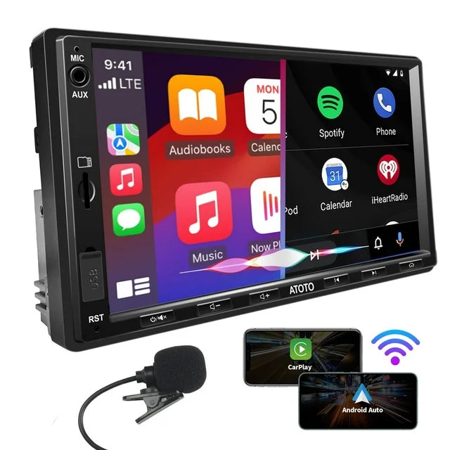 ATOTO Double Din Car Stereo. This advanced 7-inch F7WE model features wireless connectivity for Apple CarPlay and Android Auto