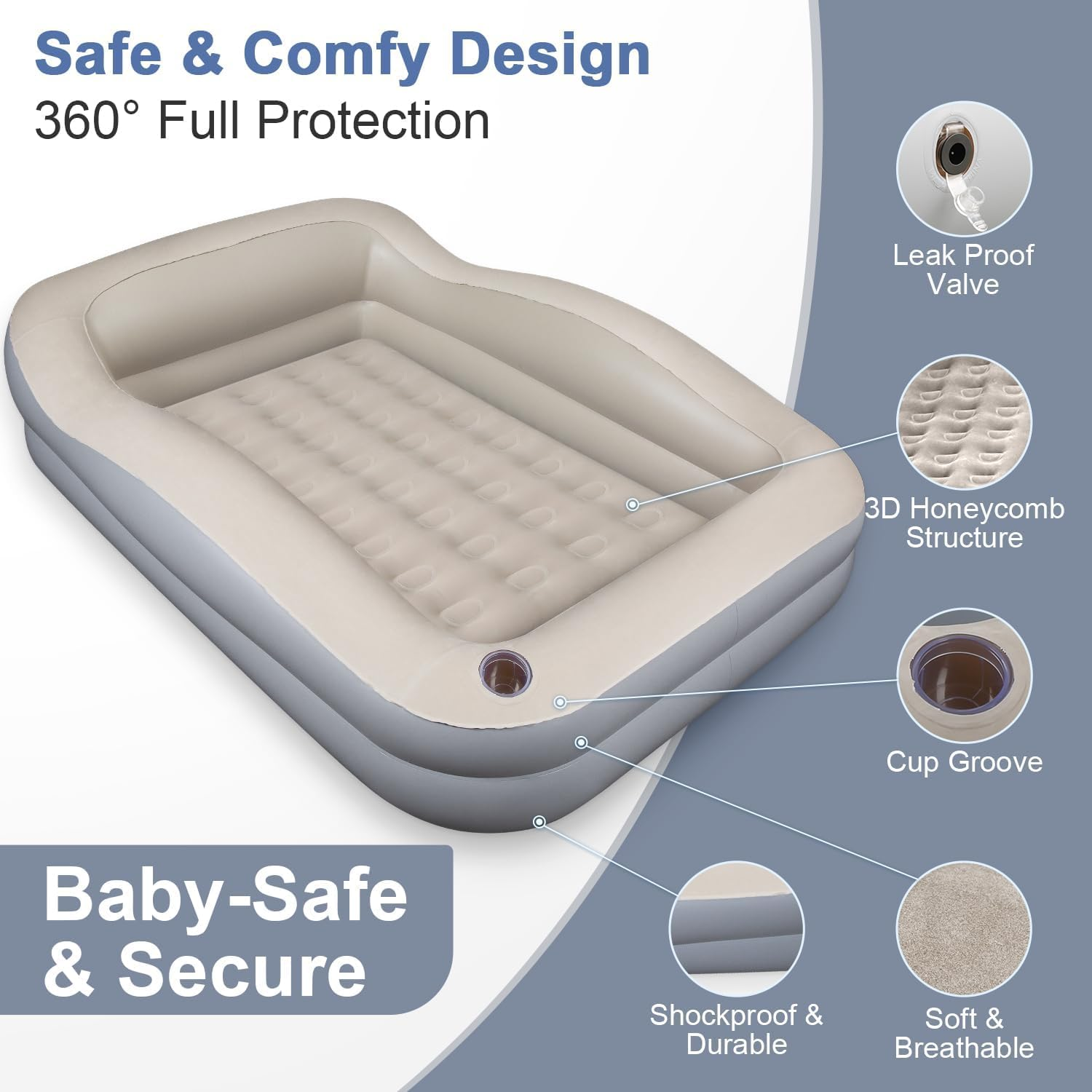 Inflatable Toddler Travel Bed - Portable Kids Bed with Safety Bumpers, Pump & Carry Bag for Travel & Camping