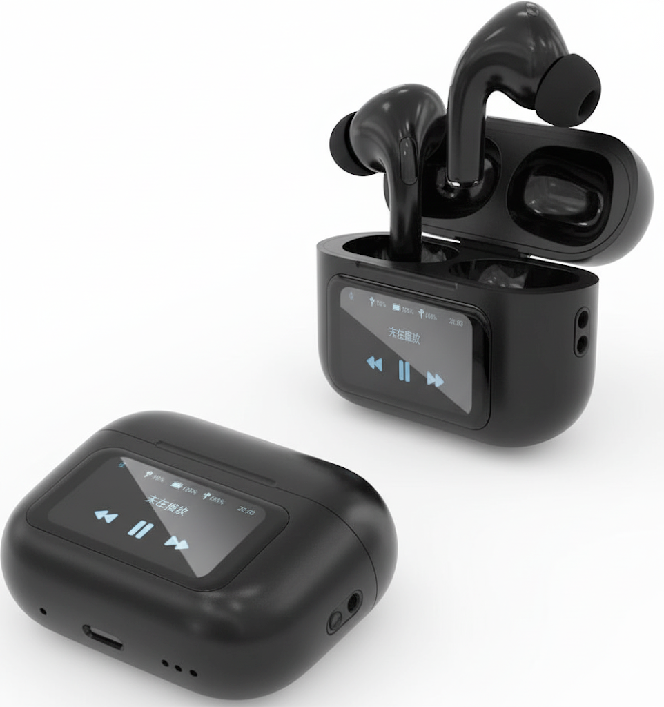Wireless Bluetooth 5.4 Headset - ANC/ENC Noise Cancelling Earbuds with Digital Display - Black