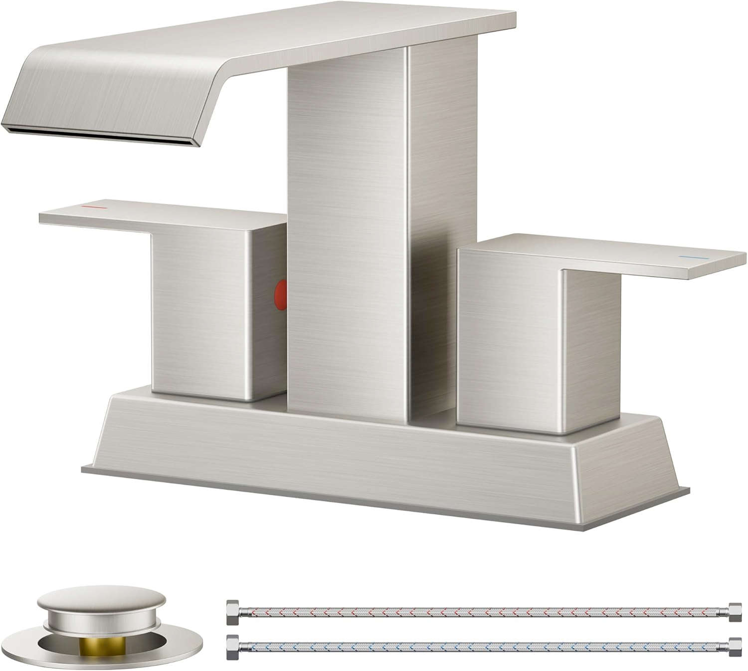 FORIOUS 4 Inch Brushed Nickel Bathroom Faucet - Waterfall Centerset Sink Faucet with Drain