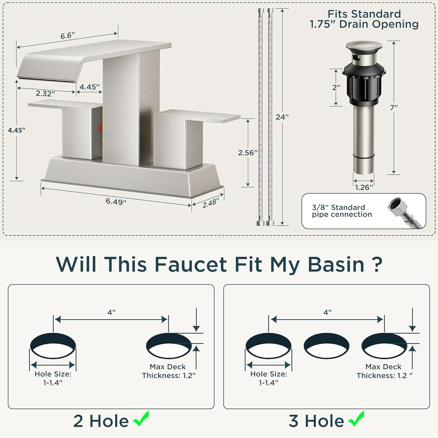 FORIOUS 4 Inch Brushed Nickel Bathroom Faucet - Waterfall Centerset Sink Faucet with Drain