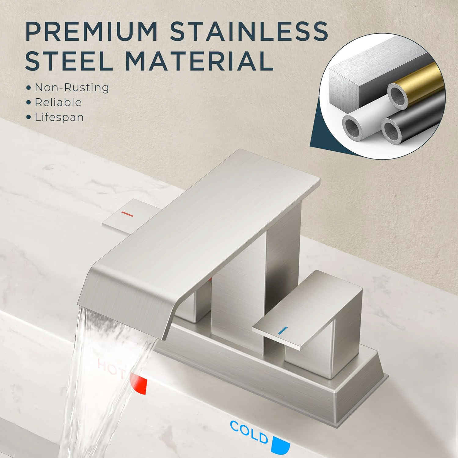 FORIOUS 4 Inch Brushed Nickel Bathroom Faucet - Waterfall Centerset Sink Faucet with Drain