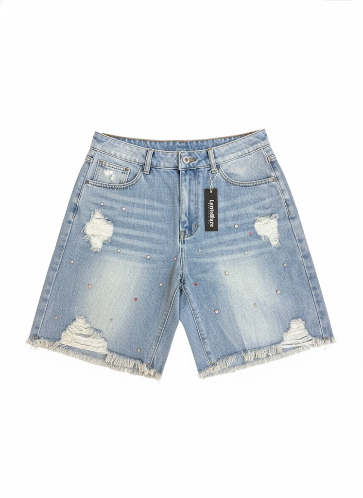 Jorts Baggy Denim Shorts Rhinestone Ripped Frayed Hem Mid-Low Rise