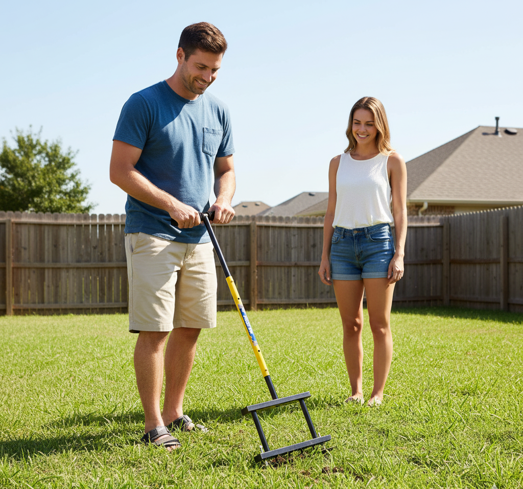 4-Spike Lawn Aerator Tool - Spring-Loaded Manual Soil Aerator for Healthier Grass