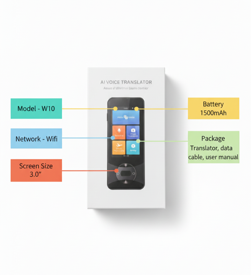 AI Voice Translator W10 - WiFi Enabled with 3.0" Screen | Real-Time Translation