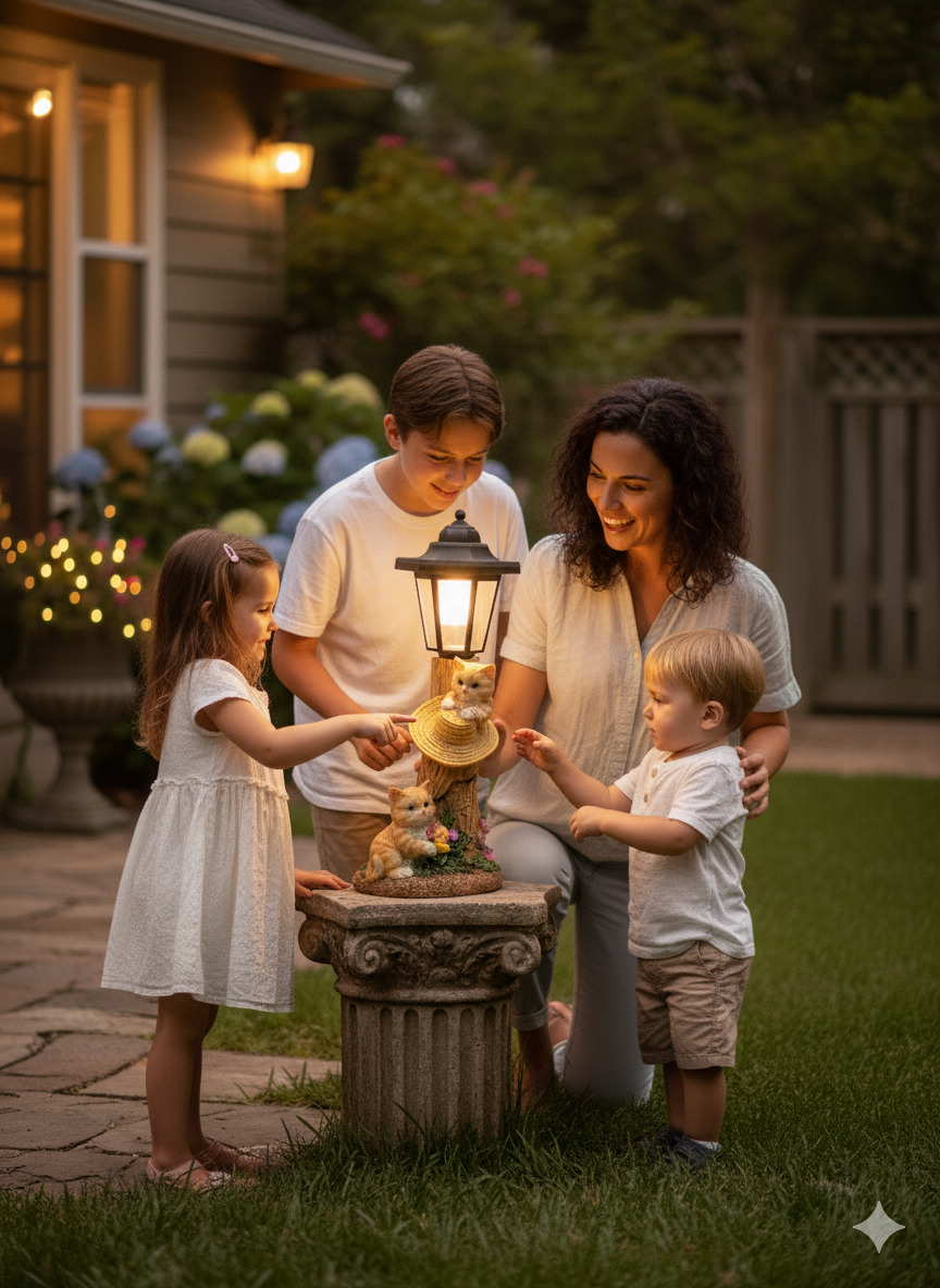 Solar Outdoor Garden Sculpture Cuddly Cats - Weather Resistant Statue