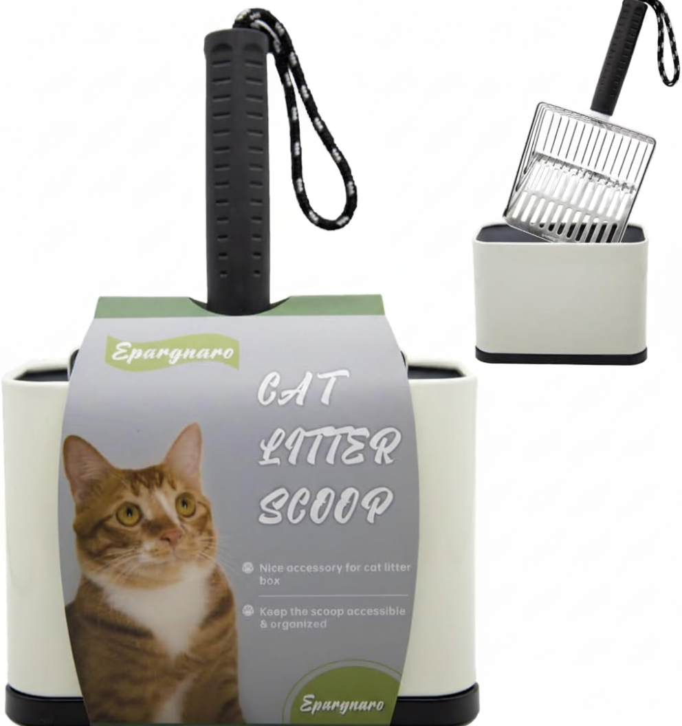 Epargnaro Stainless Steel Cat Litter Scoop with Holder - Heavy Duty Metal Scooper & Trash Container