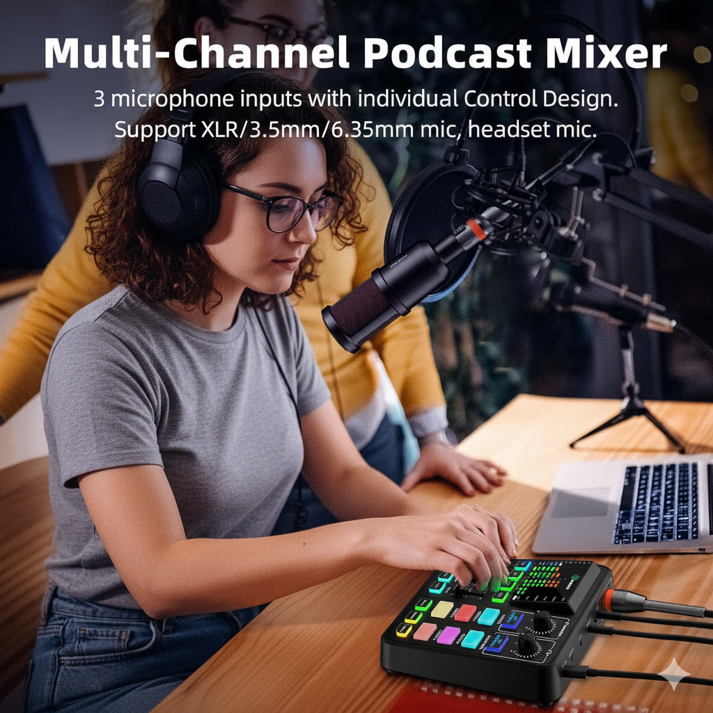 UPGSIS Gaming Audio Mixer T12 - Professional PC Streaming Soundboard with Podcast Equipment Bundle