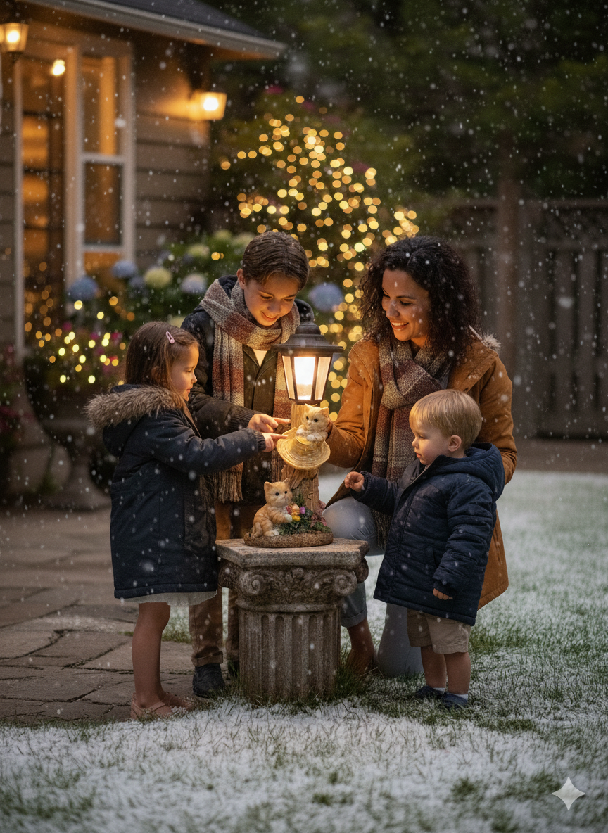 Solar Outdoor Garden Sculpture Cuddly Cats - Weather Resistant Statue