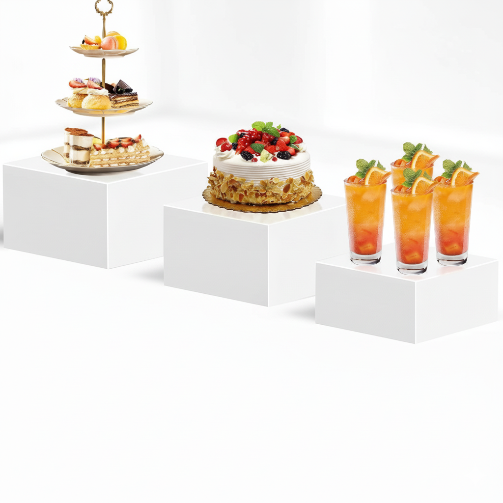 3 Piece Buffet Riser Set -Deserts Large White Acrylic Cube Display Boxes for Catering