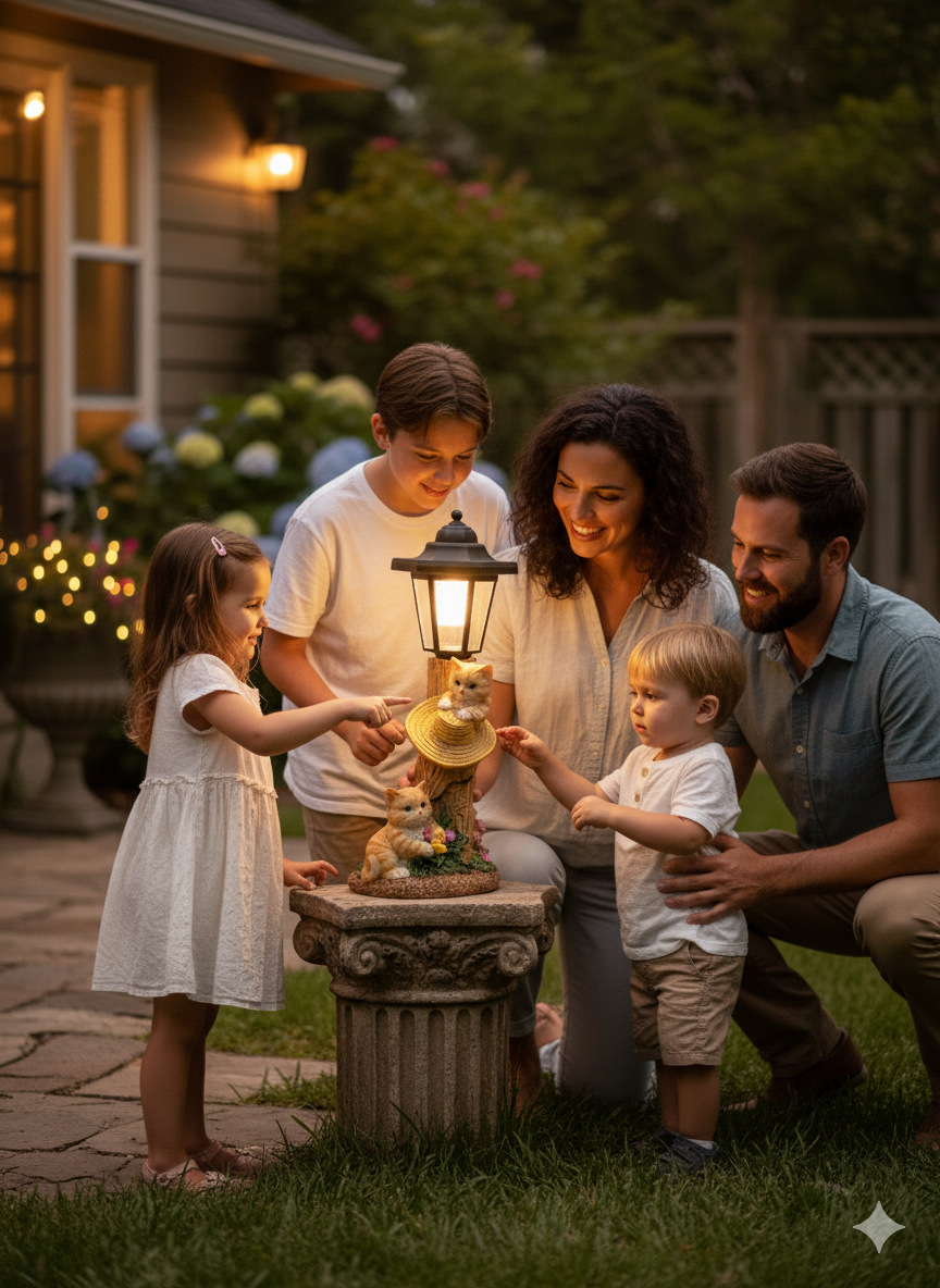 Solar Outdoor Garden Sculpture Cuddly Cats - Weather Resistant Statue