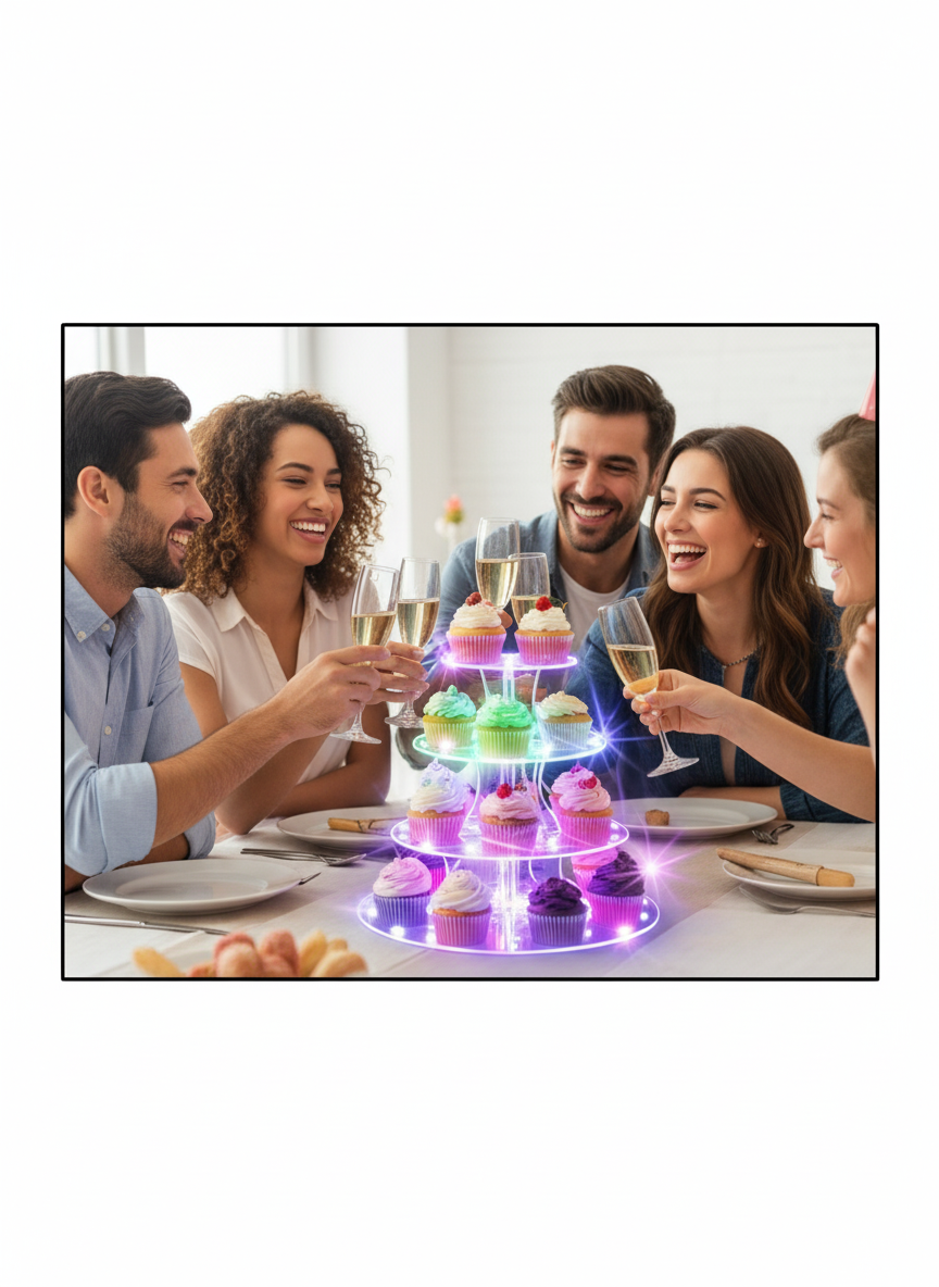 Elegant 4-tier acrylic cupcake stand with LED Lights perfect for weddings, parties, and events.