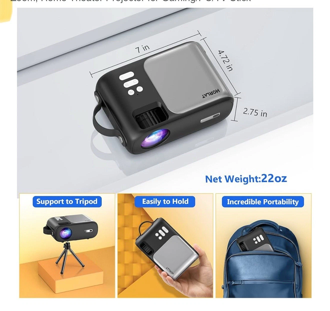 HORLAT Mini Projector – 5G WiFi + Bluetooth, 9000L Brightness, HD Home Theater