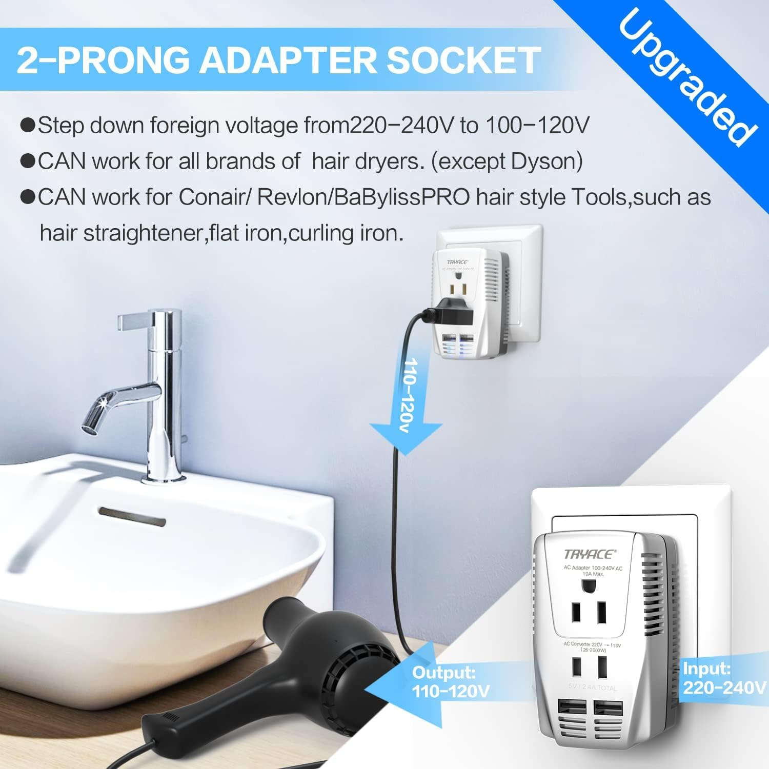 TryAce 2000W Travel Voltage Converter 220V to 110V - Step Down Power Adapter