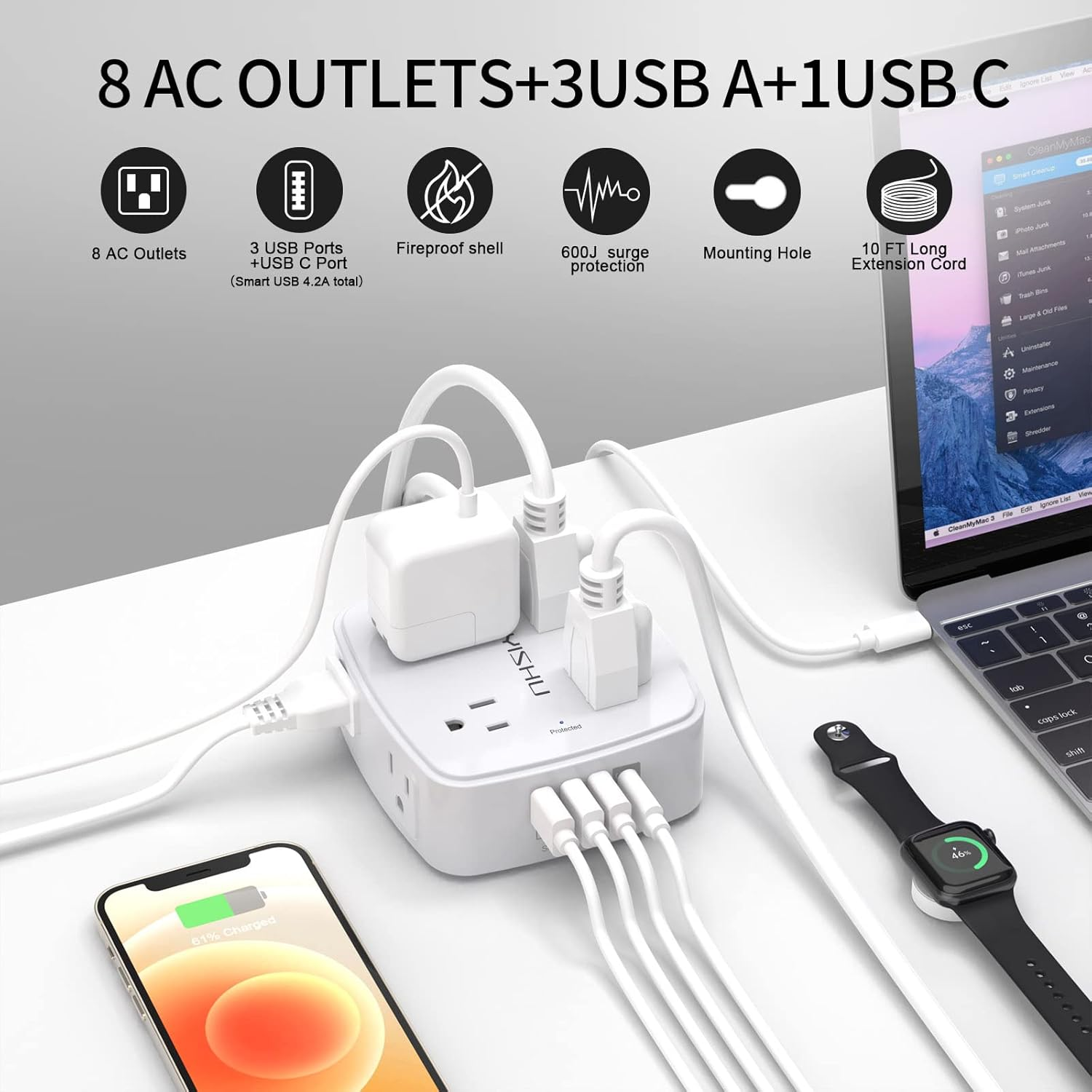 YISHU 6 Ft Surge Protector Power Strip – 3-Sided Outlet Extender with USB Charging