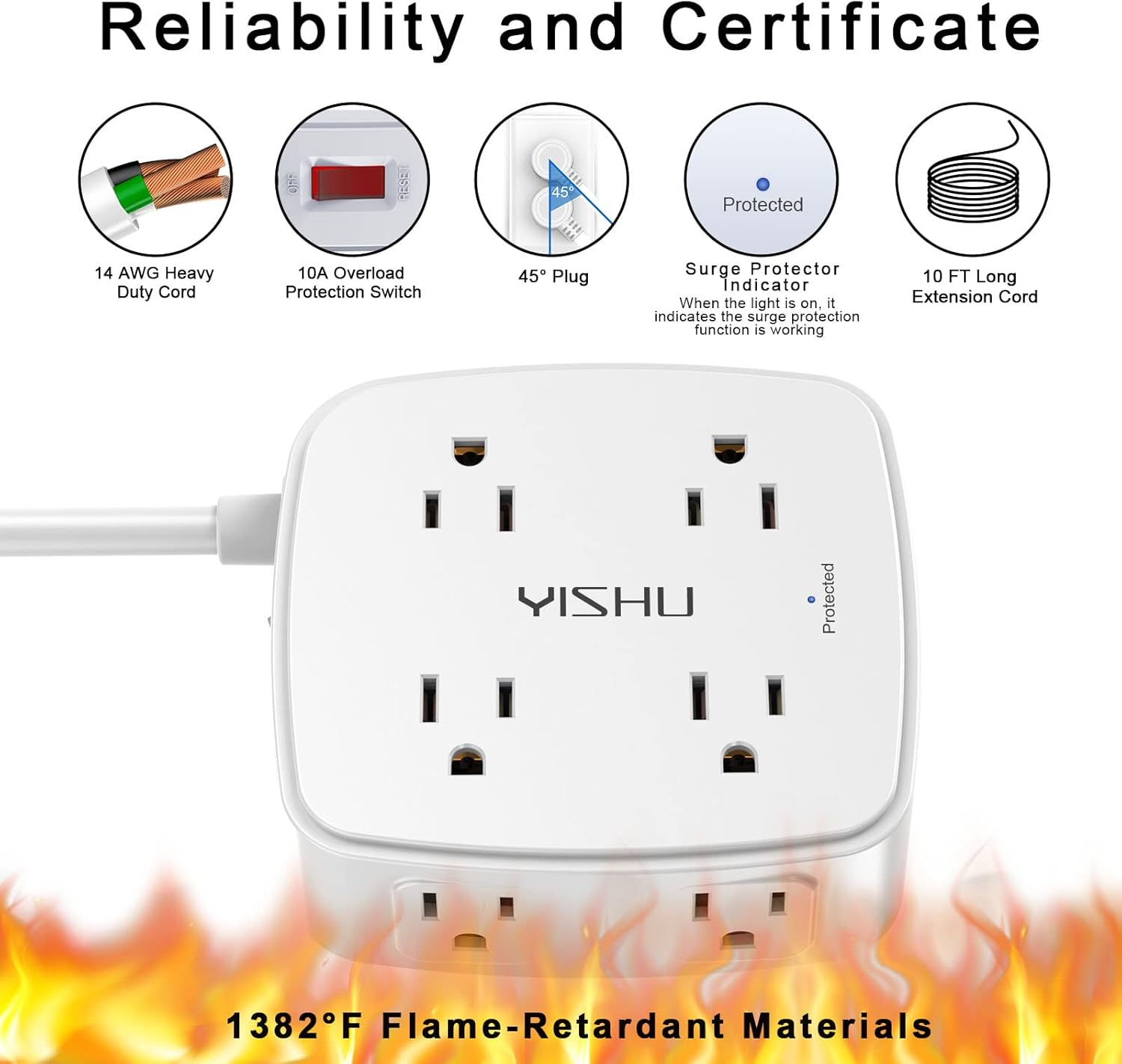 YISHU 6 Ft Surge Protector Power Strip – 3-Sided Outlet Extender with USB Charging