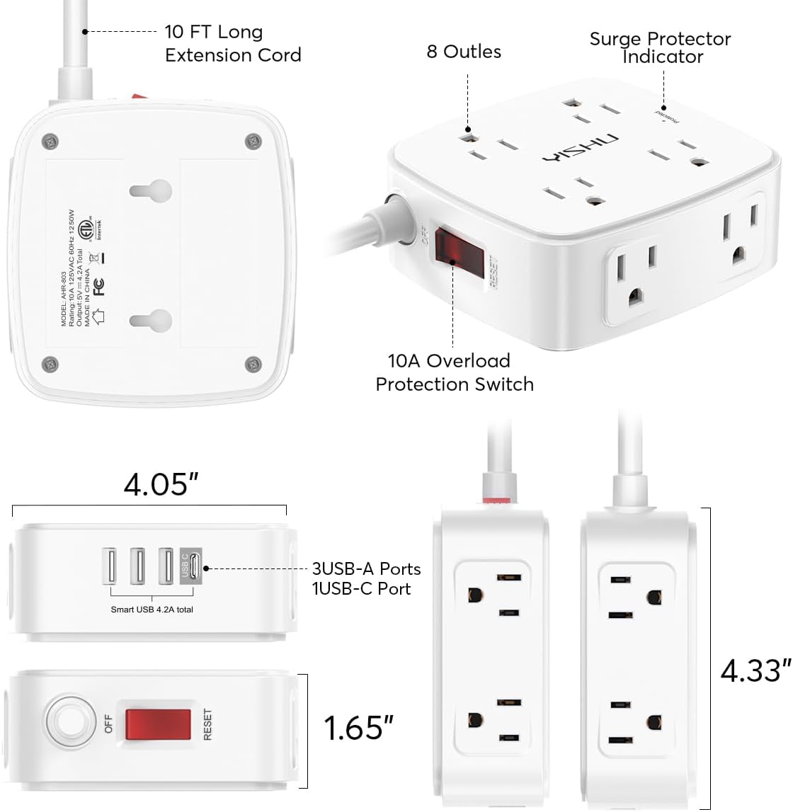 YISHU 6 Ft Surge Protector Power Strip – 3-Sided Outlet Extender with USB Charging