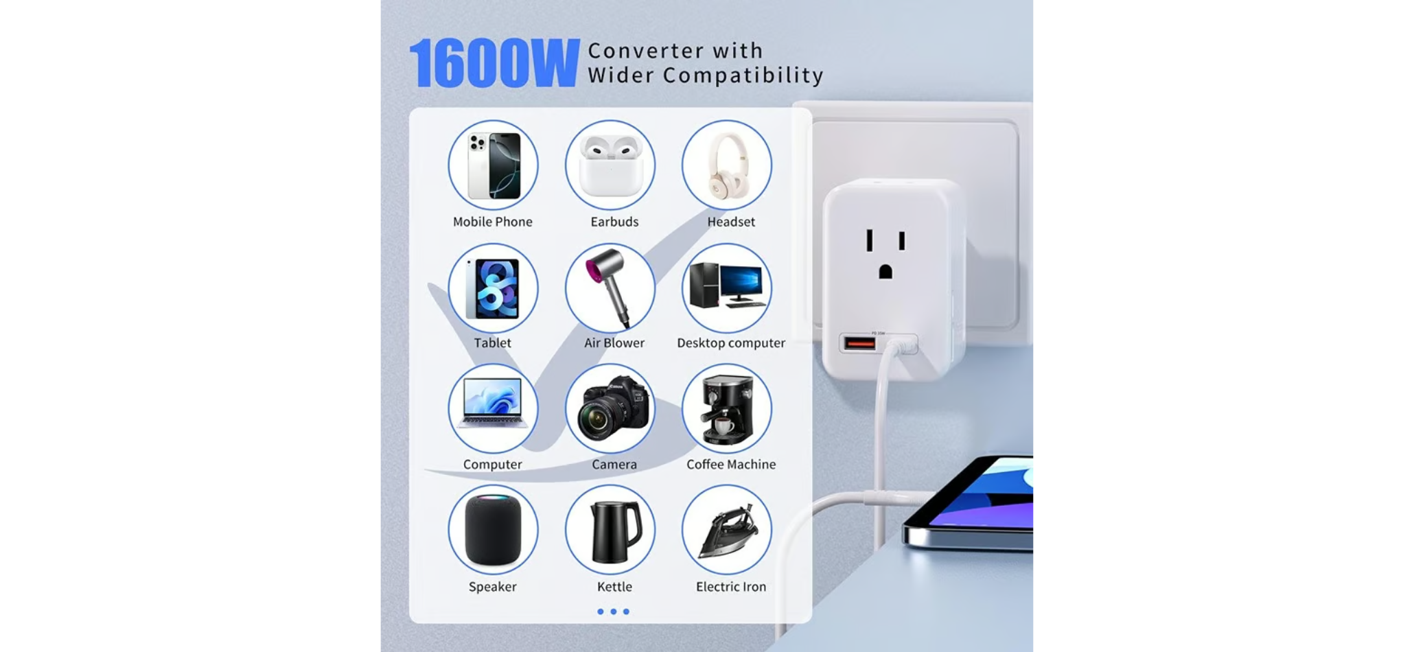 6-in-1 Travel Voltage Converter 220V to 110V - 35W PD European Adapter