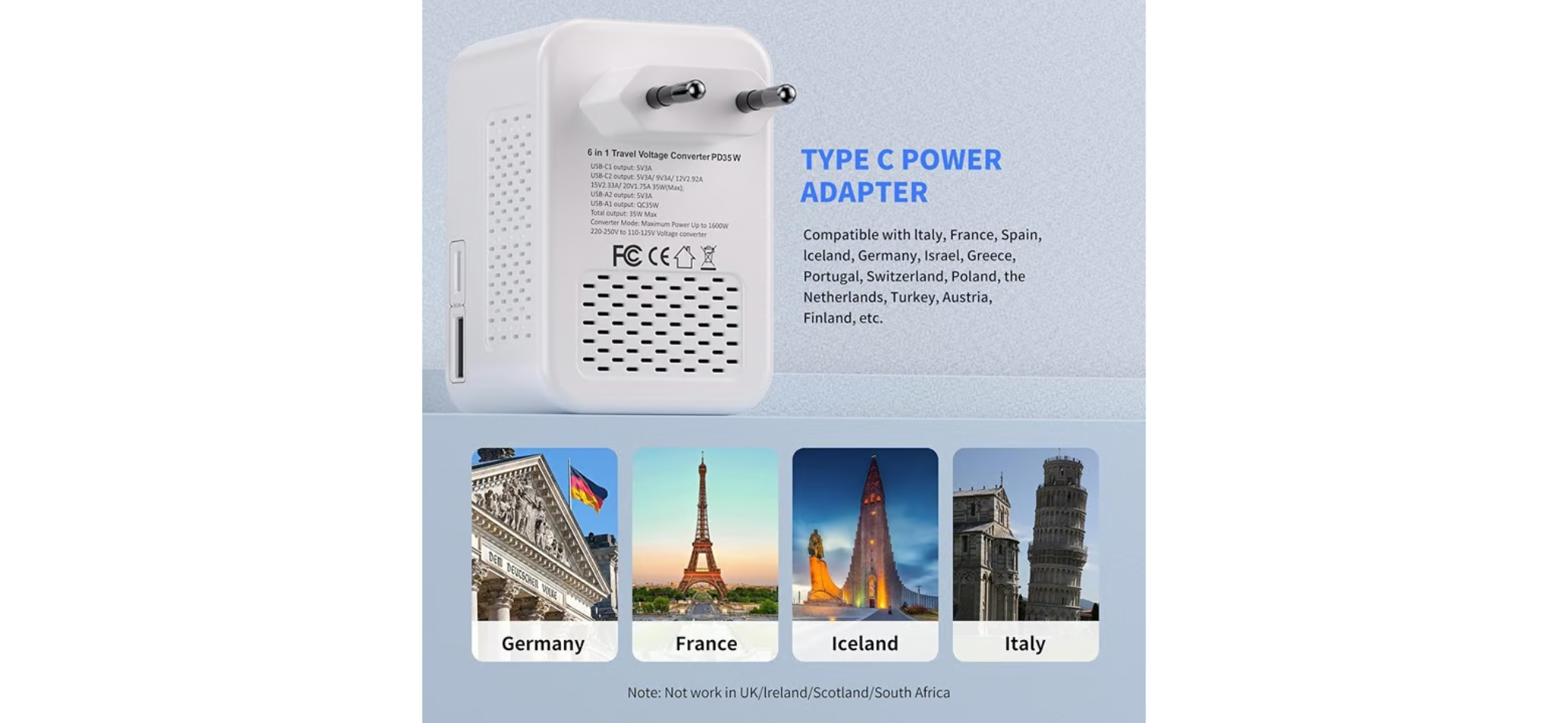 6-in-1 Travel Voltage Converter 220V to 110V - 35W PD European Adapter