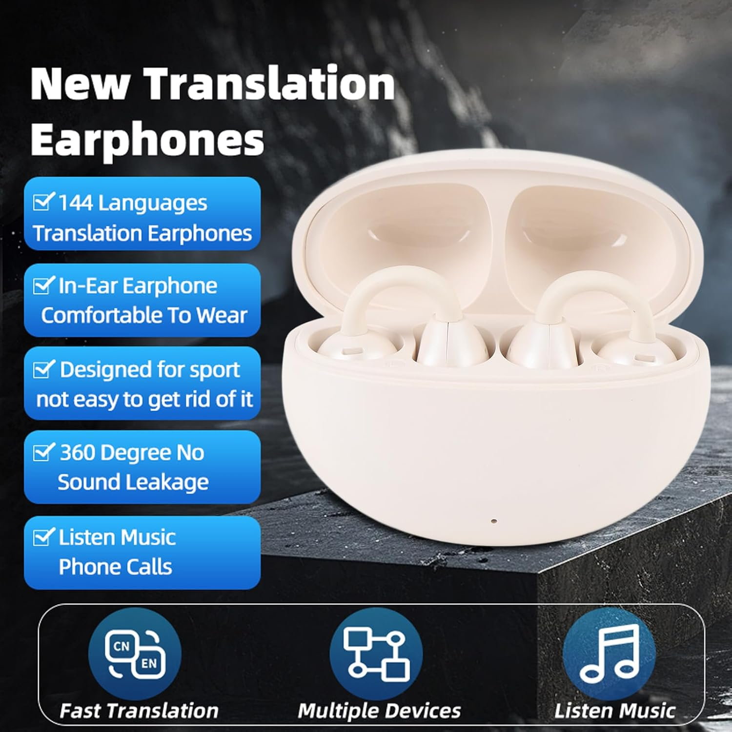 M91 Translator Earbuds, Clip On Language Translation Earphones,74 Languages & 70 Accents Translation in Real Time,Built in 230mAh (Milky White)
