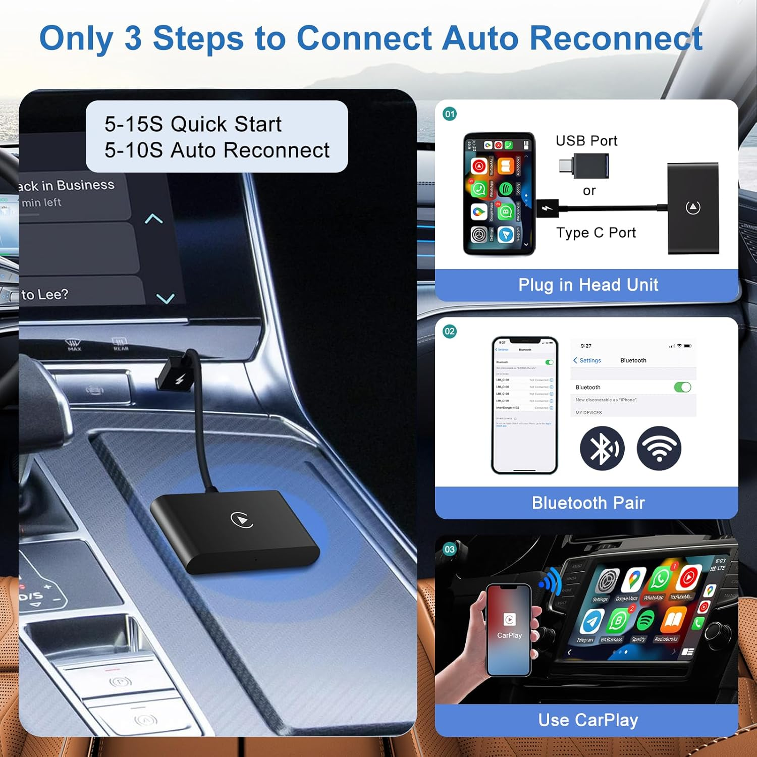 Wireless Android Auto CarPlay Adapter - Convert Wired to Wireless 2015+