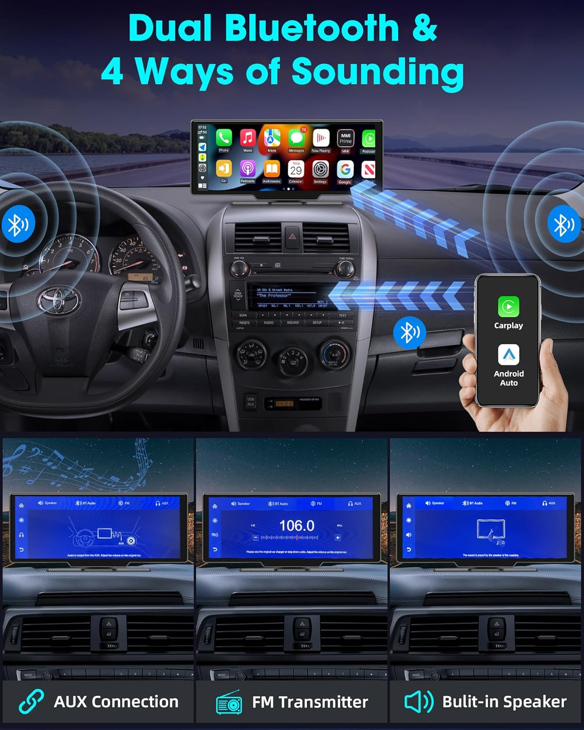 10.26" Wireless Car Stereo with Apple CarPlay & Android Auto - 1080P Backup Camera